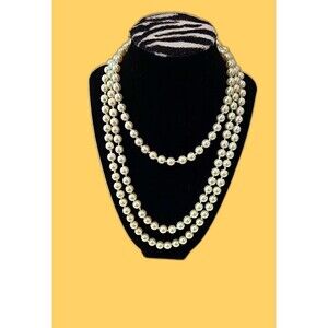 Vintage Hand Knotted Faux Glass Pearl Beaded Long Station Necklace